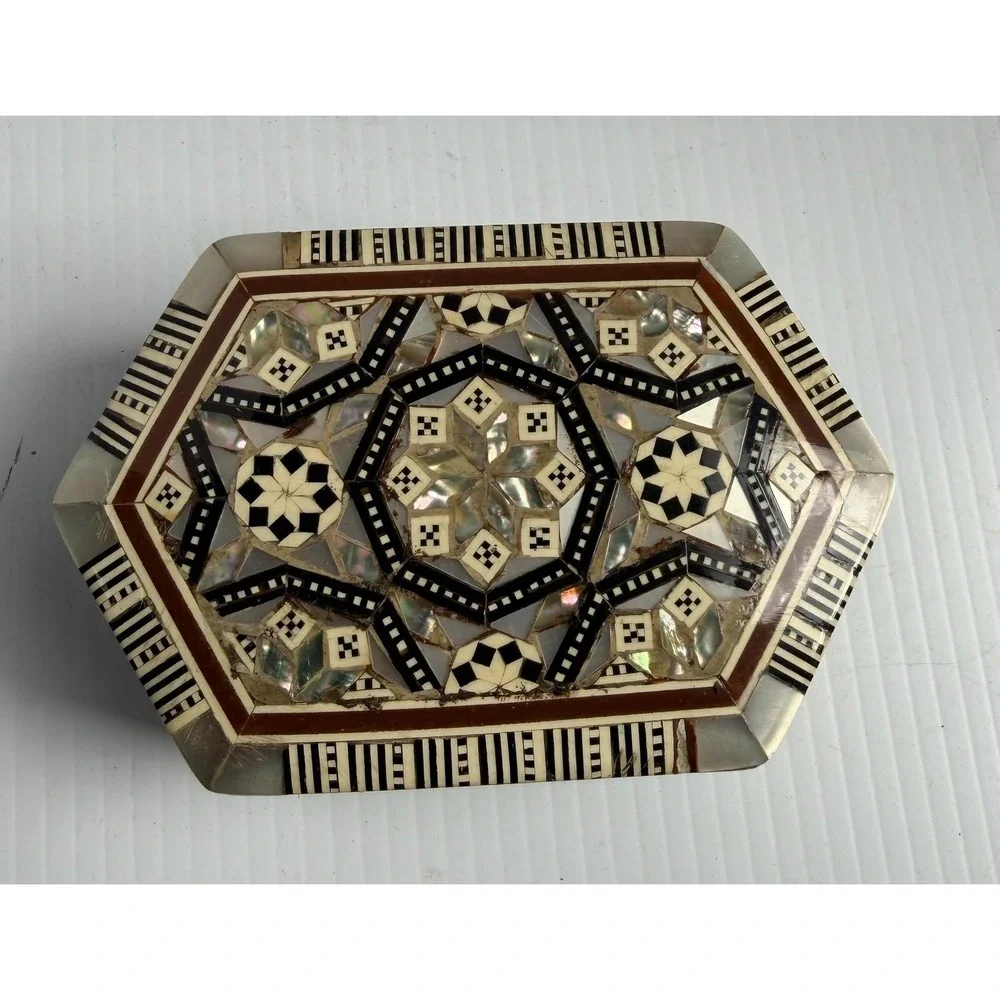 Vintage Egyptian Handmade Wood Jewelry Box Hexagon Mother of Pearl Inlay Mosaic